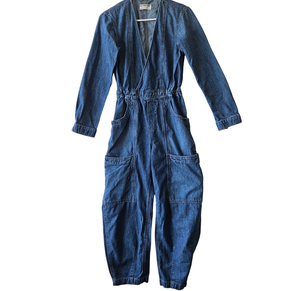We the Free Denim Long Sleeve Barrel Cut Jean Jumpsuit V Neck XS Grunge Boho Y2K